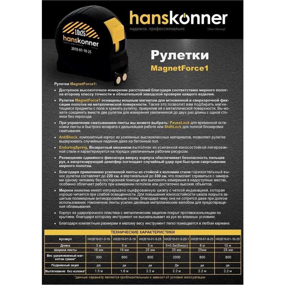 Рулетка 10x25мм, 2 стопа, корпус SoftTouch, супермощный магнит, Hanskonner - изображение 2