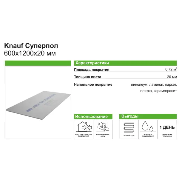 Гипсоволокнистый лист ГВЛВ ПК 20 мм Knauf Суперпол 600x1200 мм - изображение 6